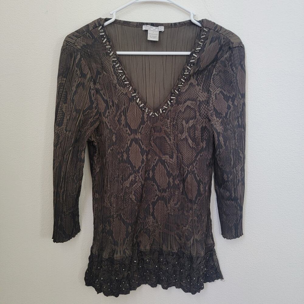Alberto Makali Green Beaded Long Sleeve Snake Print Vintage 00s Y2K Grunge Sz LG